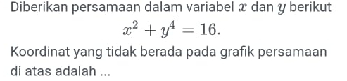 Diberikan persamaan dalam variabel x dan y berikut
x^2+y^4=16. 
Koordinat yang tidak berada pada grafik persamaan 
di atas adalah ...