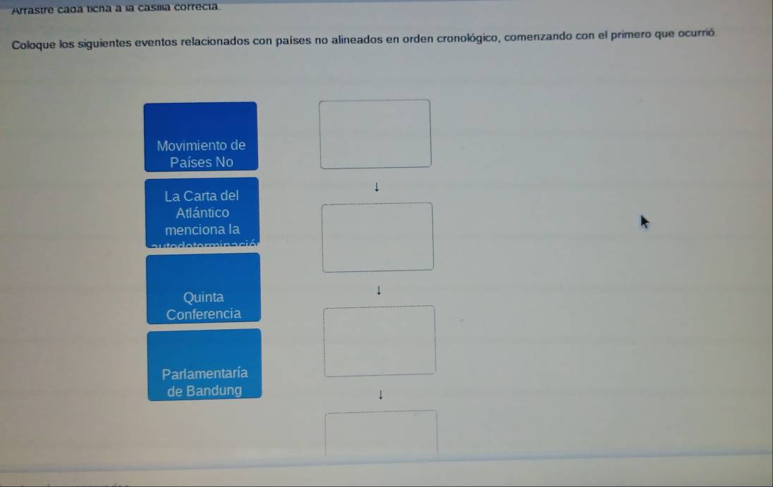 Arrastre cada ticha a la casília correcta 
Coloque los siguientes eventos relacionados con países no alineados en orden cronológico, comenzando con el primero que ocurrió. 
Movimiento de 
Países No 
La Carta del 
Atlántico 
menciona la 
Quinta 
Conferencia 
Parlamentaría 
de Bandung