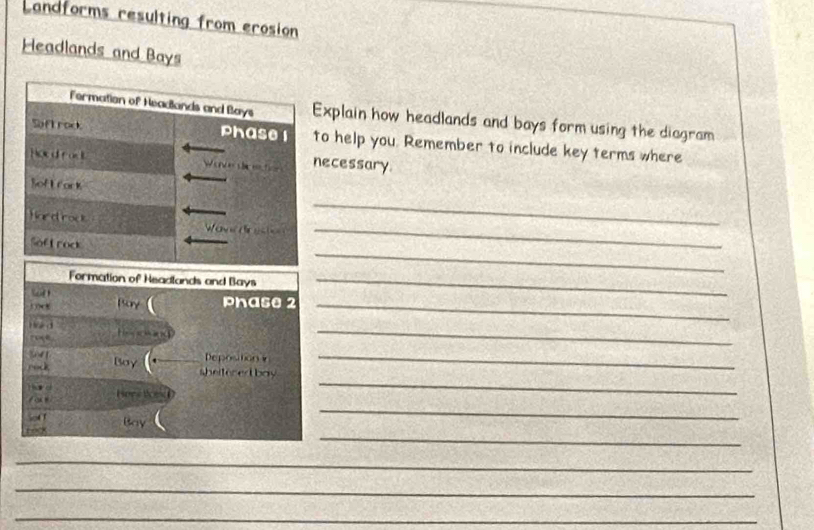 Landforms resulting from erosion 
Headlands and Bays 
Fermation of Headlands and Bays Explain how headlands and bays form using the diagram 
Soft rock Phase l to help you. Remember to include key terms where 
Hocd rod Wove diction necessary. 
Sof L rock 
_ 
Hard rock Wvr dr est 
_ 
_ 
Soft rock 
Formation of Headlands and Bays_ 
Boy Phase 2_ 
He d 
roce. Hepoind 
_ 
 4 
rock Bay _Depositionv 
sheiteced bay 
_ 
Had 
for Heee lices 
_ 
Sof T 
_ 
tock Bay 
_ 
_ 
_ 
_