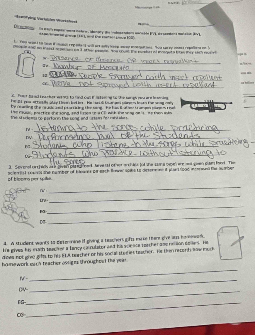 NAME_ 
_ 
Microcope Lab 
Identifying Varlables Worksheet 
Näme_ 
Directions. In each experiment below, identify the independent variable (IV), dependent variable (OV), 
experimental group (EG), and the control group (CG) 
1. You want to test if insect repellant will actually keep away mosquitoes. You spray insect repellent on 3
people and no insect repellant on 3 other people. You count the number of mosquito bites they each receive 
voge is 
_ 
Ⅳ- 
_ 
DV- in toces. 
_ 
EG. vond te 
_ 
CG 
et hifor 
2. Your band teacher wants to find out if listening to the songs you are learning 
_ 
helps you actually play them better. He has 6 trumpet players learn the song only 
C 
by reading the music and practicing the song. He has 6 other trumpet players read 
_ 
the music, practice the song, and listen to a CD with the song on it. He then asks 
the students to perform the song and listens for mistakes. 
Ⅳ ._ 
DV~_ 
EG 
_ 
CG 
_ 
3. Several orchids are given plant food. Several other orchids (of the same type) are not given plant food. The 
scientist counts the number of blooms on each flower spike to determine if plant food increased the number 
of blooms per spike. 
Ⅳ、 
_ 
DV- 
_ 
_ 
_ 
EG- 
CG- 
4. A student wants to determine if giving a teachers gifts make them give less homework. 
He gives his math teacher a fancy calculator and his science teacher one million dollars. He 
does not give gifts to his ELA teacher or his social studies teacher. He then records how much 
homework each teacher assigns throughout the year. 
IV-_ 
_ 
DV-_ 
EG-_ 
CG-