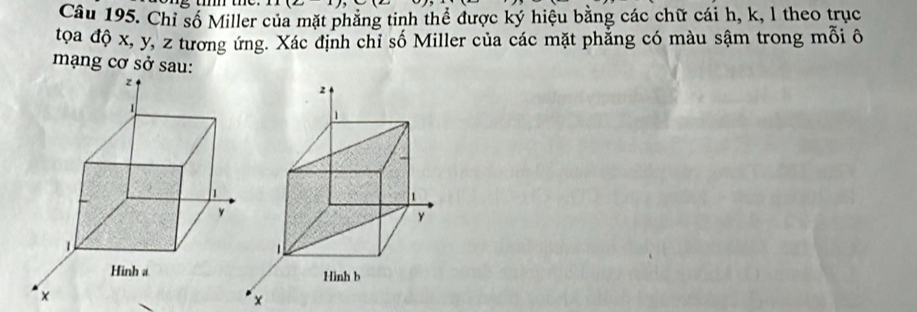 Chỉ số Miller của mặt phẳng tinh thể được ký hiệu bằng các chữ cái h, k, l theo trục 
tọa độ x, y, z tương ứng. Xác định chỉ số Miller của các mặt phẳng có màu sậm trong mỗi ô 
mạng cơ sở sau: 
×