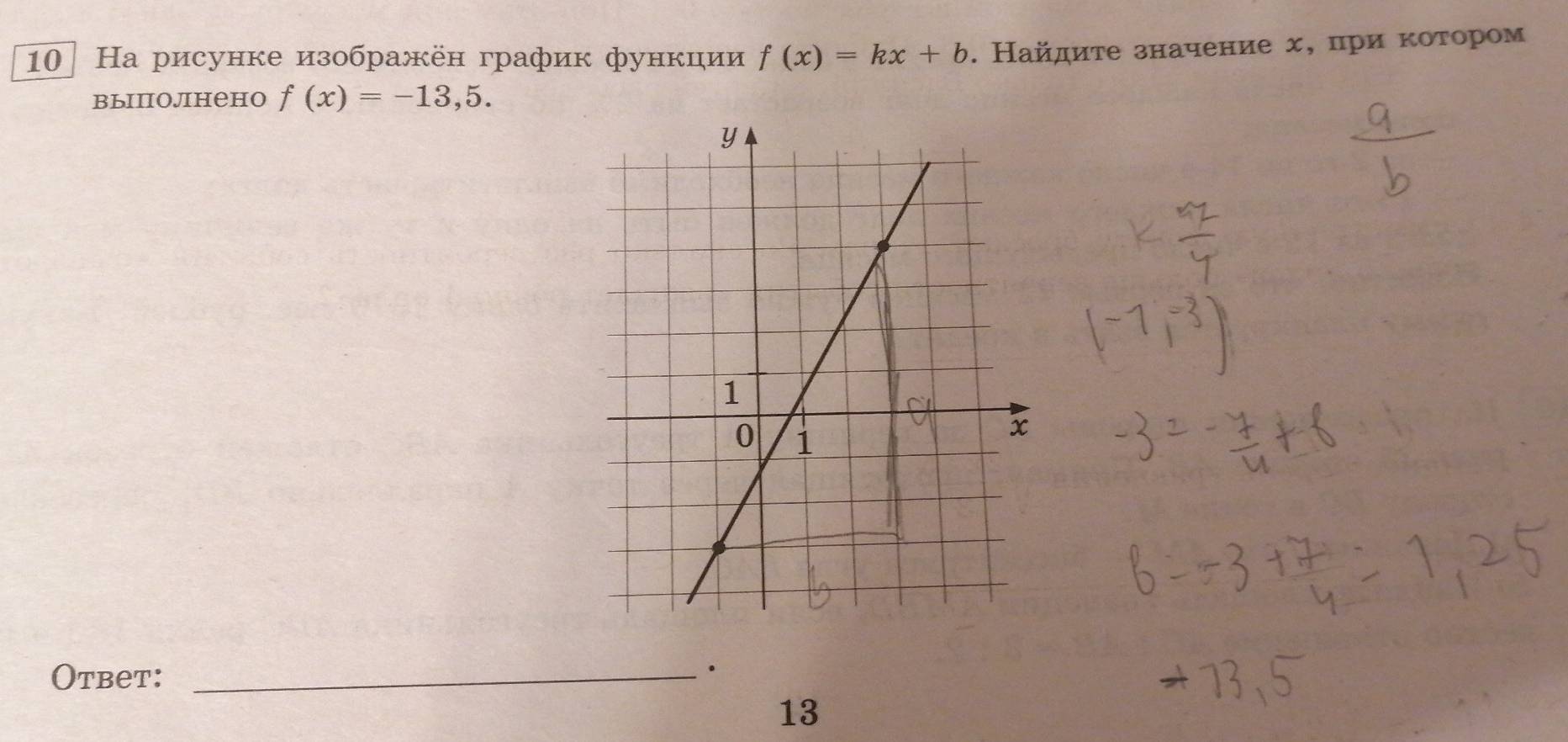 10 На рисунке изображён график функции f(x)=kx+b. Найдиτе значение х, при κоτором 
выполнено f(x)=-13,5. 
Otbet:_ 
13