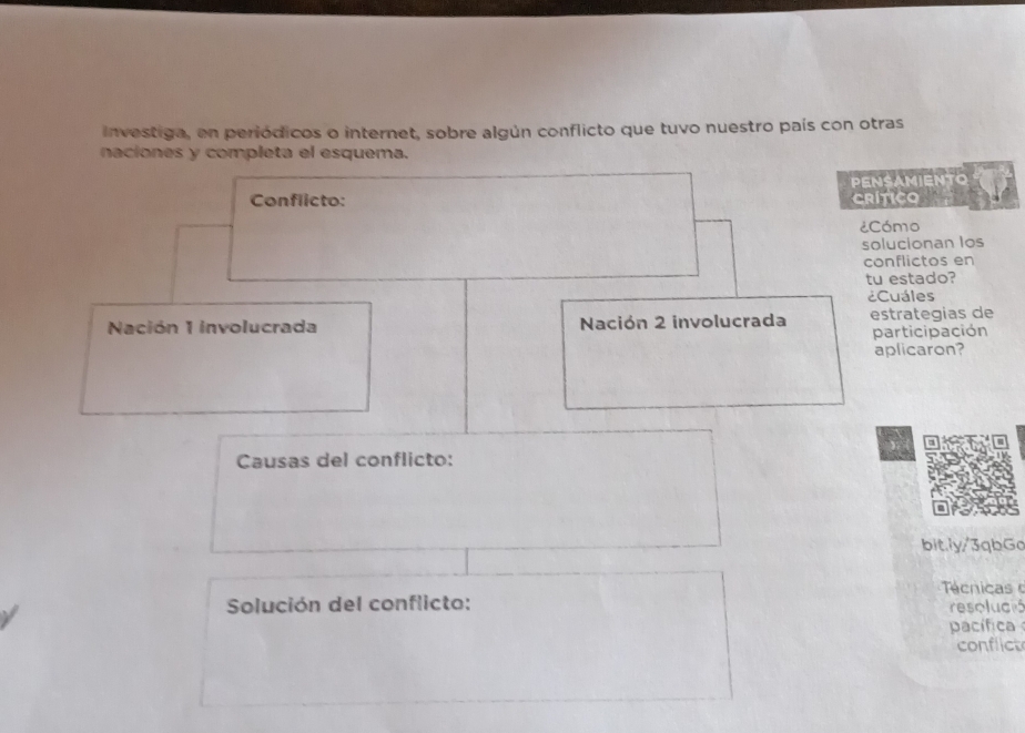 Investiga, en periódicos o internet, sobre algún conflicto que tuvo nuestro país con otras 
naciones y completa el esquema. 
PENSAMIENTO 
Conflicto: RíTICO 
¿Cómo 
solucionan los 
conflictos en 
tu estado? 
¿Cuáles 
Nación 1 involucrada Nación 2 involucrada estrategias de 
participación 
aplicaron? 
Causas del conflicto: 
bit.ly/3qbGc 
Técnicas 
Solución del conflicto: resolució 
pacífica 
conflict