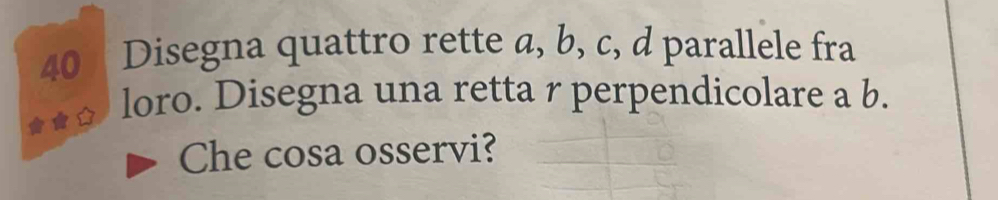 Disegna quattro rette a, b, c, d parallele fra 
loro. Disegna una retta r perpendicolare a b. 
Che cosa osservi?