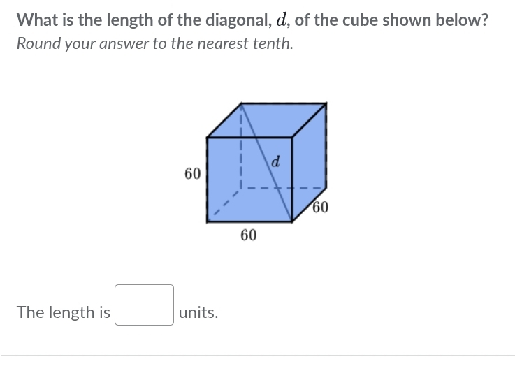 What is the length of the diagonal, d, of the cube shown below? 
Round your answer to the nearest tenth. 
The length is □ units.