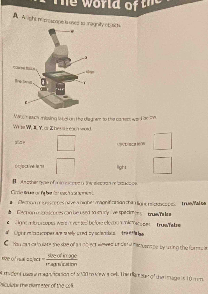 he w orld of th 
A A light microscope is used to magnify objects.
Match each missing label on the diagram to the correct word below.
Write W, X, Y, or Z beside each word.
slide
eyepiece lens
objective lens light
B Another type of microscope is the electron microscope.
Circle true or false for each statement.
Electron microscopes have a higher magnification than light microscopes. true/false
b Electron microscopes can be used to study live specimens. true/false
c Light microscopes were invented before electron microscopes. true/false
d Light microscopes are rarely used by scientists. true/false
C You can calculate the size of an object viewed under a microscope by using the formula
size of real object = sizeofimage/magnification 
A student uses a magnification of * 100 to view a cell. The diameter of the image is 10 mm.
alculate the diameter of the cell.