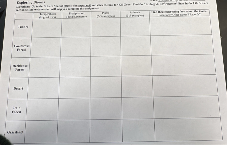 Exploring Biomes 
_ 
Directions: Go to the Science Spot at http://sciencespot.net/ and click the link for Kid Zone. Find the “Ecology & Environment” links in the Life Science