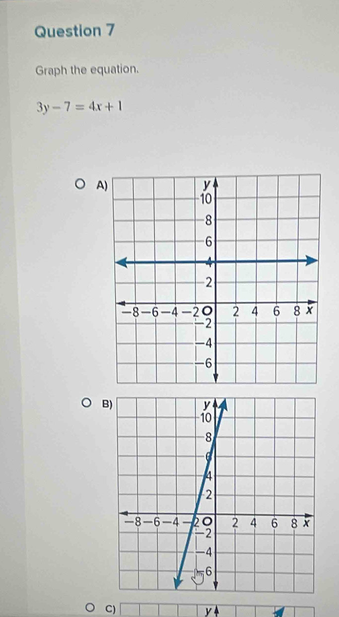 Graph the equation.
3y-7=4x+1
A 
B 
C)
y