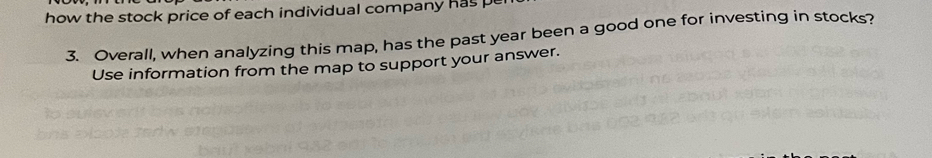 how the stock price of each individual company has p 
3. Overall, when analyzing this map, has the past year been a good one for investing in stocks? 
Use information from the map to support your answer.
