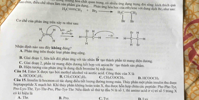 tường những hóa chất quan trọng, có nhiều ứng dụng trọng đời sống: kích thích quả
hau chín, điều chế nhựa làm sản phẩm gia dụng,... Phản ứng hóa học của ethylene với dung dịch H_2C=CH_2+Br_2to H_2C-CH_2 Br_2 như sau
Br Br
Cơ chế của phản ứng trên xảy ra như sau:
 
Nhận định nào sau đây không đúng?
A. Phản ứng trên thuộc loại phản ứng cộng.
B. Giai đoạn 1, liên kết đôi phản ứng với tác nhân vector Br tạo thành phần tử mang điện dương.
C. Giai đoạn 2, phần tử mang điện dương kết hợp với anion Br¯ tạo thành sản phẩm.
D. Hiện tượng của phản ứng là dung dịch bromine bị mất màu.
Câu 14. Ester X được tạo bởi methyl alcohol và acetic acid. Công thức của X là
A. HCOOC_2H_5. B. CH_3COOC_2H_5. C. CH_3COOCH_3. D. HCOOCH₃
Câu 15. Insulin là hocmon có tác dụng điều tiết lượng đường trong máu. Thủy phân một phần insulin thu được
heptapeptide X mạch hở. Khi thủy phân không hoàn toàn X, thu được hỗn hợp chứa các peptide: Phe-Phe-Tyr,
Pro-Lys-Thr, Tyr-Thr-Pro, Phe-Tyr-Thr. Nếu đánh số thứ tự đầu N là số 1, thì amino acid ở vị trí số 5 trong X
có kí hiệu là
A. Thr. B. Pro. C. Tvr. D. Lvs