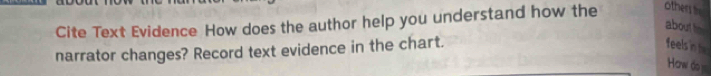 Cite Text Evidence How does the author help you understand how the others t 
about to 
narrator changes? Record text evidence in the chart. 
feels int 
How do