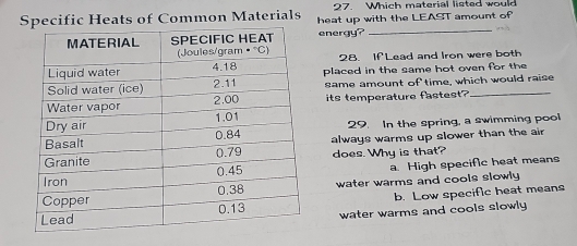 Which material listed would
Specific Heats of Common Materials heat up with the LEAST amount of
energy?
_
28. If Lead and Iron were both
placed in the same hot oven for the
same amount of time, which would raise
its temperature fastest?
29. In the spring, a swimming pool
always warms up slower than the air
does. Why is that?
a. High specific heat means
water warms and cools slowly
b. Low specific heat means
water warms and cools slowly