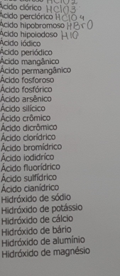 Acido clórico
Acido perciórico
Ácido hipobromoso
Ácido hipoiodoso
Acido iódico
Ácido periódico
Ácido mangânico
Ácido permangânico
Ácido fosforoso
Ácido fosfórico
Ácido arsênico
Ácido silícico
Ácido crômico
Ácido dicrômico
Ácido clorídrico
Ácido bromídrico
Ácido iodidríco
Ácido fluorídrico
Ácido sulfídrico
Ácido cianídrico
Hidróxido de sódio
Hidróxido de potássio
Hidróxido de cálcio
Hidróxido de bário
Hidróxido de alumínio
Hidróxido de magnésio