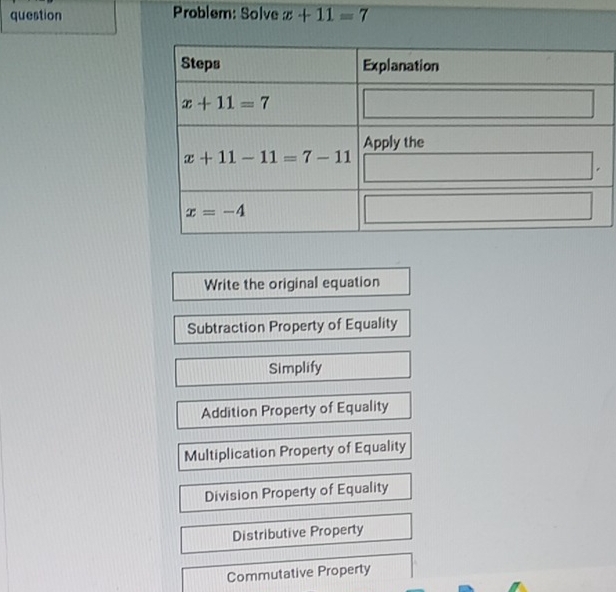 question  Problem: Solve x+11=7
Write the original equation
Subtraction Property of Equality
Simplify
Addition Property of Equality
Multiplication Property of Equality
Division Property of Equality
Distributive Property
Commutative Property