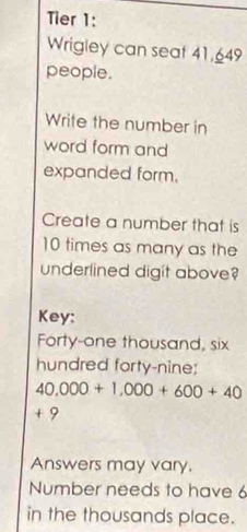 Tier 1: 
Wrigley can seat 41,649
people. 
Write the number in 
word form and 
expanded form. 
Create a number that is
10 times as many as the 
underlined digit above? 
Key: 
Forty-one thousand, six 
hundred forty-nine;
40,000+1,000+600+40
+ 9
Answers may vary. 
Number needs to have 6
in the thousands place.