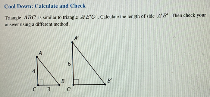 Cool Down: Calculate and Check
Triangle ABC is similar to triangle A'B'C'. Calculate the length of side A'B'. Then check your
answer using a different method.