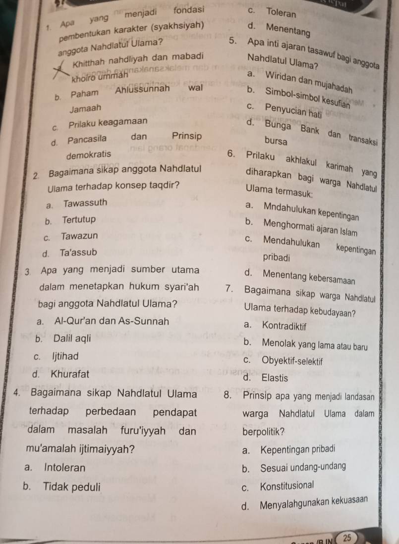 prepan
menjadi fondasi c. Toleran
1. Apa yang
pembentukan karakter (syakhsiyah) d. Menentang
anggota Nahdlatul Ulama?
5. Apa inti ajaran tasawuf bagi anggota
Khitthah nahdliyah dan mabadi Nahdiatul Ulama?
khoiro ummáh
a. Wiridan dan mujahadah
b. Paham Ahlussunnah wal b. Simbol-simbol kesufian
Jamaah
c. Penyucian hati
c. Prilaku keagamaan
d. Bunga Bank dan transaksi
d. Pancasila dan Prinsip
bursa
demokratis
6. Prilaku akhlakul karimah yang
2. Bagaimana sikap anggota Nahdlatul diharapkan bagi warga Nahdlatul
Ulama terhadap konsep taqdir?
Ulama termasuk:
a. Tawassuth
a. Mndahulukan kepentingan
b. Tertutup
b. Menghormati ajaran Islam
c. Tawazun
c. Mendahulukan kepentingan
d. Ta'assub
pribadi
3 Apa yang menjadi sumber utama d. Menentang kebersamaan
dalam menetapkan hukum syari'ah 7. Bagaimana sikap warga Nahdlatul
bagi anggota Nahdlatul Ulama?
Ulama terhadap kebudayaan?
a. Al-Qur'an dan As-Sunnah a. Kontradiktif
b. Dalil aqli
b. Menolak yang lama atau baru
c. Ijtihad c. Obyektif-selektif
d. Khurafat d. Elastis
4. Bagaimana sikap Nahdlatul Ulama 8. Prinsip apa yang menjadi landasan
terhadap perbedaan pendapat warga Nahdlatul Ulama dalam
dalam masalah furu'iyyah dan berpolitik?
mu'amalah ijtimaiyyah? a. Kepentingan pribadi
a. Intoleran b. Sesuai undang-undang
b. Tidak peduli c. Konstitusional
d. Menyalahgunakan kekuasaan
25