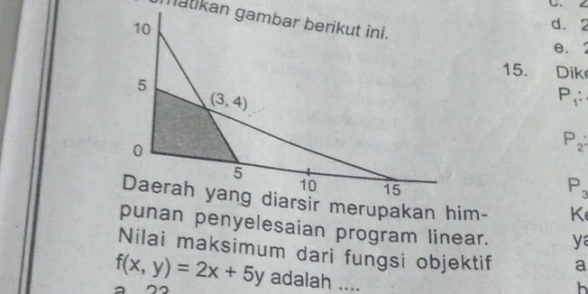 matikan gambar berikut ini.
d.2
e. 
15. Dik
P,:
P_2:
P_3
merupakan him- K
punan penyelesaian program linear. y
Nilai maksimum dari fungsi objektif a
f(x,y)=2x+5y adalah ....
h