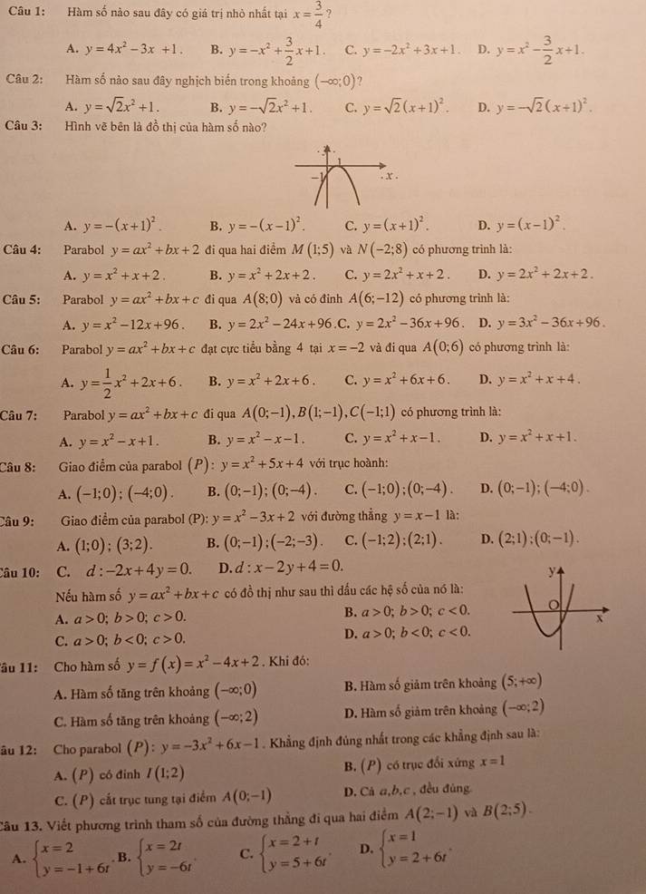 Hàm số nào sau đây có giá trị nhỏ nhất tại x= 3/4  ?
A. y=4x^2-3x+1. B. y=-x^2+ 3/2 x+1. C. y=-2x^2+3x+1. D. y=x^2- 3/2 x+1.
Câu 2: Hàm số nào sau đây nghịch biển trong khoảng (-∈fty ;0)
A. y=sqrt(2)x^2+1. B. y=-sqrt(2)x^2+1. C. y=sqrt(2)(x+1)^2. D. y=-sqrt(2)(x+1)^2.
Câu 3: Hình vẽ bên là đồ thị của hàm số nào?
A. y=-(x+1)^2. B. y=-(x-1)^2. C. y=(x+1)^2. D. y=(x-1)^2.
Câu 4: Parabol y=ax^2+bx+2 đi qua hai điểm M(1;5) và N(-2;8) có phương trình là:
A. y=x^2+x+2. B. y=x^2+2x+2. C. y=2x^2+x+2. D. y=2x^2+2x+2.
Câu 5: Parabol y=ax^2+bx+c đi qua A(8;0) và có đinh A(6;-12) có phương trình là:
A. y=x^2-12x+96. B. y=2x^2-24x+96 .C. y=2x^2-36x+96 D. y=3x^2-36x+96.
Câu 6: Parabol y=ax^2+bx+c đạt cực tiểu bằng 4 tại x=-2 và đi qua A(0;6) có phương trình là:
A. y= 1/2 x^2+2x+6. B. y=x^2+2x+6. C. y=x^2+6x+6. D. y=x^2+x+4.
Câu 7: Parabol y=ax^2+bx+c đi qua A(0;-1),B(1;-1),C(-1;1) có phương trình là:
A. y=x^2-x+1. B. y=x^2-x-1. C. y=x^2+x-1. D. y=x^2+x+1.
Câu 8: Giao điểm của parabol (P): y=x^2+5x+4 với trục hoành:
A. (-1;0);(-4;0). B. (0;-1);(0;-4). C. (-1;0);(0;-4). D. (0;-1);(-4;0).
Câu 9: Giao điểm của parabol (P): y=x^2-3x+2 với đường thẳng y=x-1 là:
A. (1;0);(3;2). B. (0;-1);(-2;-3). C. (-1;2);(2;1). D. (2;1);(0;-1).
Câu 10: C. d:-2x+4y=0. D. d:x-2y+4=0.
Nếu hàm số y=ax^2+bx+c có đồ thị như sau thì đấu các hệ số của nó là:
A. a>0;b>0;c>0. B. a>0;b>0;c<0.
C. a>0;b<0;c>0.
D. a>0;b<0;c<0.
lâu 11: Cho hàm số y=f(x)=x^2-4x+2. Khi đó:
A. Hàm số tăng trên khoảng (-∈fty ;0) B. Hàm số giảm trên khoảng (5;+∈fty )
C. Hàm số tăng trên khoảng (-∈fty ;2) D. Hàm số giảm trên khoảng (-∈fty ;2)
âu 12: Cho parabol (P):y=-3x^2+6x-1. Khẳng định đủng nhất trong các khẳng định sau là:
B. (P)
A. (P) có đinh I(1;2) có trục đổi xứng x=1
C. (P) cất trục tung tại điểm A(0;-1) D. Cả a,b,c , đều đùng
Câu 13. Viết phương trình tham số của đường thẳng đi qua hai điểm A(2;-1) và B(2;5).
A. beginarrayl x=2 y=-1+6tendarray. B. beginarrayl x=2t y=-6tendarray. C. beginarrayl x=2+t y=5+6tendarray. D. beginarrayl x=1 y=2+6tendarray.