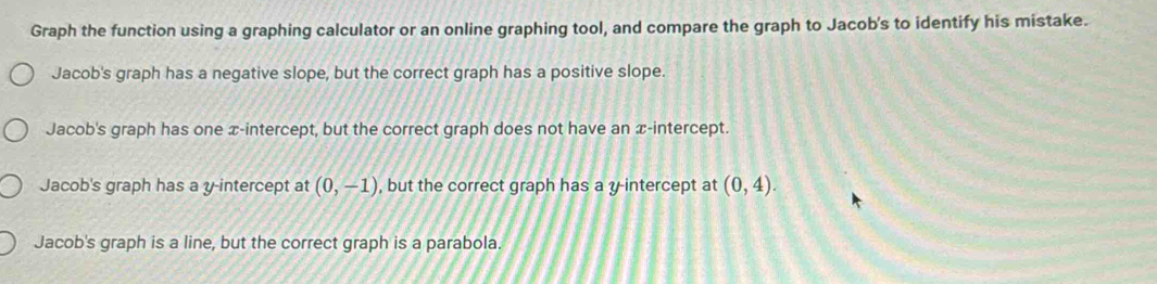 Graph the function using a graphing calculator or an online graphing tool, and compare the graph to Jacob's to identify his mistake.
Jacob's graph has a negative slope, but the correct graph has a positive slope.
Jacob's graph has one x-intercept, but the correct graph does not have an x-intercept.
Jacob's graph has a y-intercept at (0,-1) , but the correct graph has a y-intercept at (0,4).
Jacob's graph is a line, but the correct graph is a parabola.