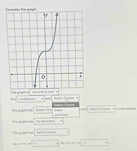 The graph is not one-to-one
It is continuous and Select Choice
Select Choice
The graph has Select Cho linear ) and Select Choice yintercept(s).
nonlinear
The graph has no symmetry
The graph has Select Choice
As xto ∈fty , yto =,As xto -∈fty , y- -