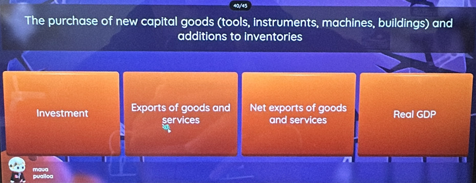 40/45 
The purchase of new capital goods (tools, instruments, machines, buildings) and 
additions to inventories 
Investment Exports of goods and Net exports of goods Real GDP 
services and services 
. 
maua 
puailoa