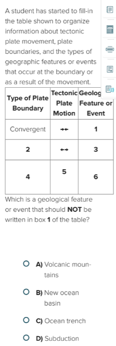 A student has started to fill-in
the table shown to organize
information about tectonic
plate movement, plate
boundaries, and the types of
geographic features or events
that occur at the boundary or
as a result of the movement.
r
Which is a geological feature
or event that should NOT be
written in box 1 of the table?
A) Volcanic moun-
tains
B) New ocean
basin
C) Ocean trench
D) Subduction