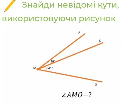 Знайди невідомі кути,
викорисТовуючи рисунок
∠ AMO-