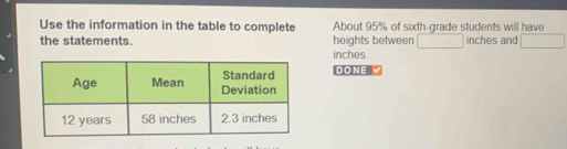 Use the information in the table to complete About 95% of sixth-grade students will have 
the statements. inches. heights between □ inches and □
DONE