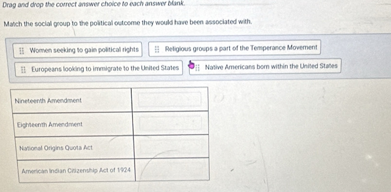 Drag and drop the correct answer choice to each answer blank.
Match the social group to the political outcome they would have been associated with.
Women seeking to gain political rights Religious groups a part of the Temperance Movement
= Europeans looking to immigrate to the United States Native Americans born within the United States