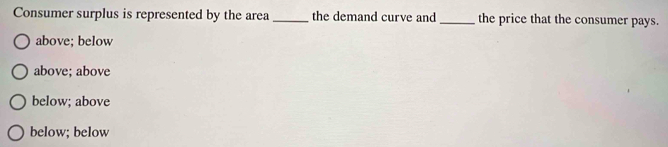 Consumer surplus is represented by the area _the demand curve and _the price that the consumer pays.
above; below
above; above
below; above
below; below