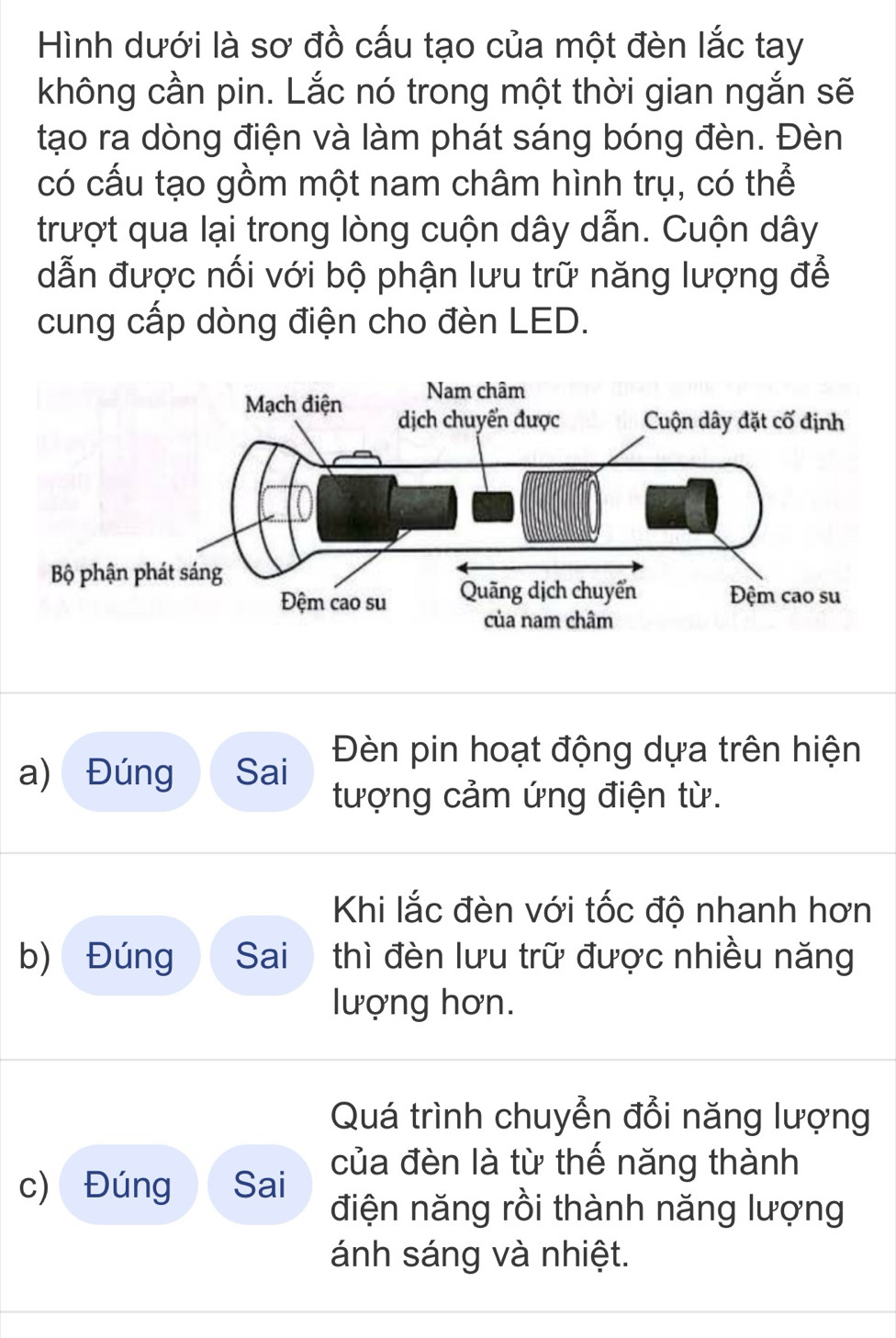 Hình dưới là sơ đồ cấu tạo của một đèn lắc tay 
không cần pin. Lắc nó trong một thời gian ngắn sẽ 
tạo ra dòng điện và làm phát sáng bóng đèn. Đèn 
có cấu tạo gồm một nam châm hình trụ, có thể 
trượt qua lại trong lòng cuộn dây dẫn. Cuộn dây 
dẫn được nối với bộ phận lưu trữ năng lượng để 
cung cấp dòng điện cho đèn LED. 
a) Đúng Sai Đèn pin hoạt động dựa trên hiện 
tượng cảm ứng điện từ. 
Khi lắc đèn với tốc độ nhanh hơn 
b) Đúng Sai thì đèn lưu trữ được nhiều năng 
lượng hơn. 
Quá trình chuyển đổi năng lượng 
c) Đúng Sai của đèn là từ thế năng thành 
điện năng rồi thành năng lượng 
ánh sáng và nhiệt.