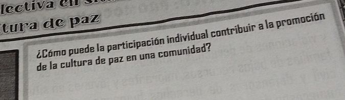 lectiva en s 
tura de paz 
¿Cómo puede la participación individual contribuir a la promoción 
de la cultura de paz en una comunidad?