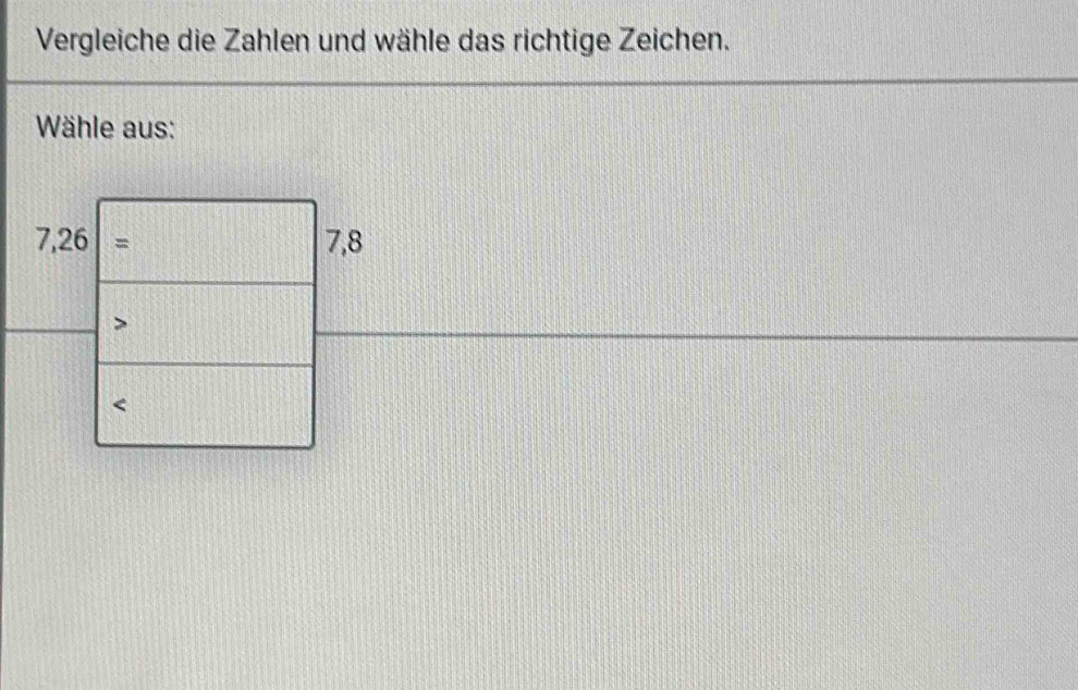 Vergleiche die Zahlen und wähle das richtige Zeichen.
Wähle aus:
7,26 = 7,8

<