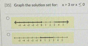 [35] Graph the solution set for: x>3 or x≤ 0