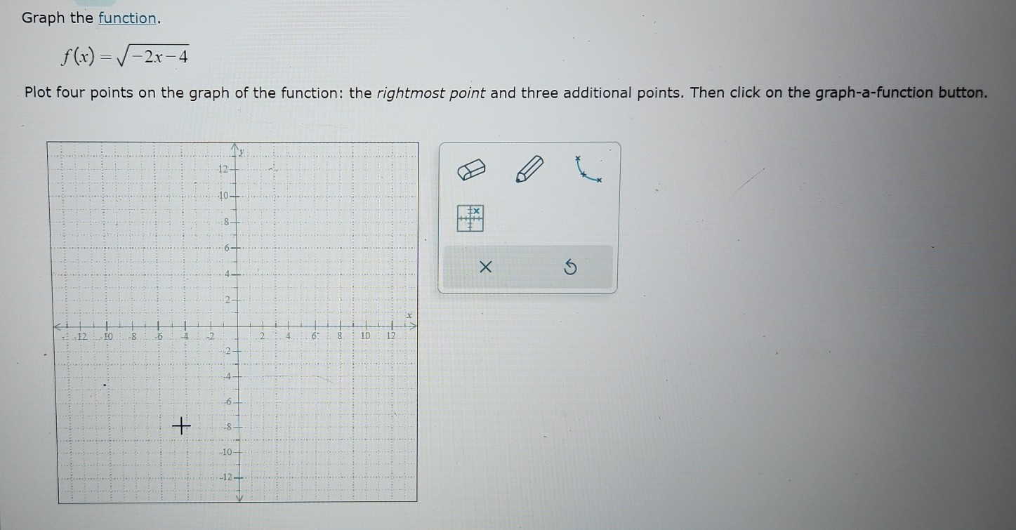 Graph the function.
f(x)=sqrt(-2x-4)
Plot four points on the graph of the function: the rightmost point and three additional points. Then click on the graph-a-function button. 
×