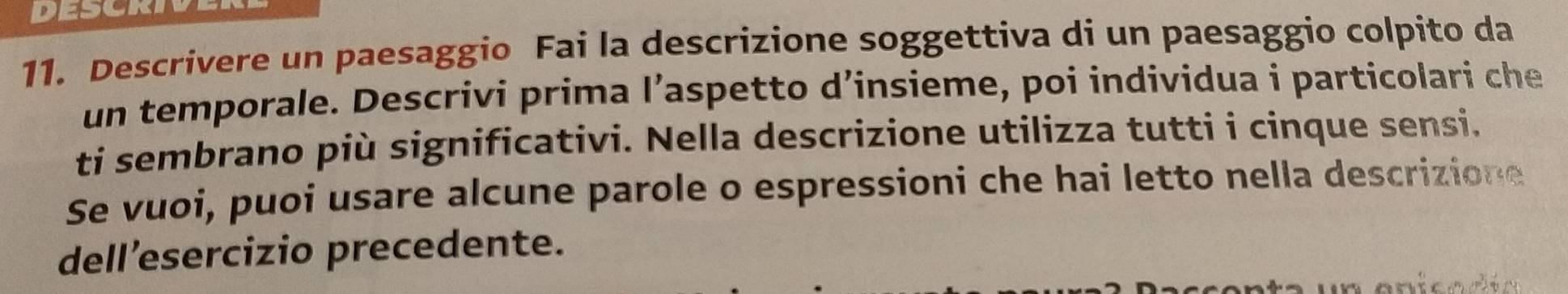 DESCRID 
11. Descrivere un paesaggio Fai la descrizione soggettiva di un paesaggio colpito da 
un temporale. Descrivi prima l’aspetto d’insieme, poi individua i particolari che 
ti sembrano più significativi. Nella descrizione utilizza tutti i cinque sensi. 
Se vuoi, puoi usare alcune parole o espressioni che hai letto nella descrizione 
dell’esercizio precedente.