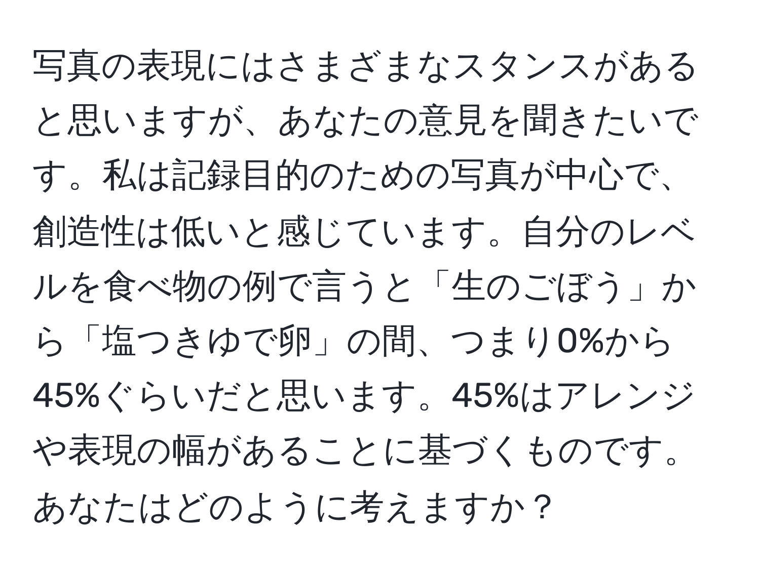 写真の表現にはさまざまなスタンスがあると思いますが、あなたの意見を聞きたいです。私は記録目的のための写真が中心で、創造性は低いと感じています。自分のレベルを食べ物の例で言うと「生のごぼう」から「塩つきゆで卵」の間、つまり0%から45%ぐらいだと思います。45%はアレンジや表現の幅があることに基づくものです。あなたはどのように考えますか？