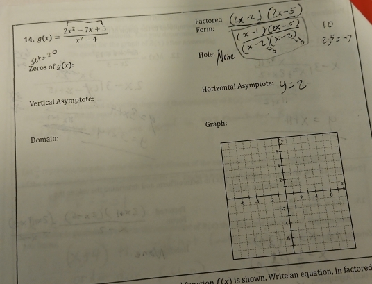 g(x)= (2x^2-7x+5)/x^2-4  Factored
Form:
Hole:
Zeros of g(x) : 
Vertical Asymptote: Horizontal Asymptote:
Graph:
Domain:
f(x) is shown. Write an equation, in factored