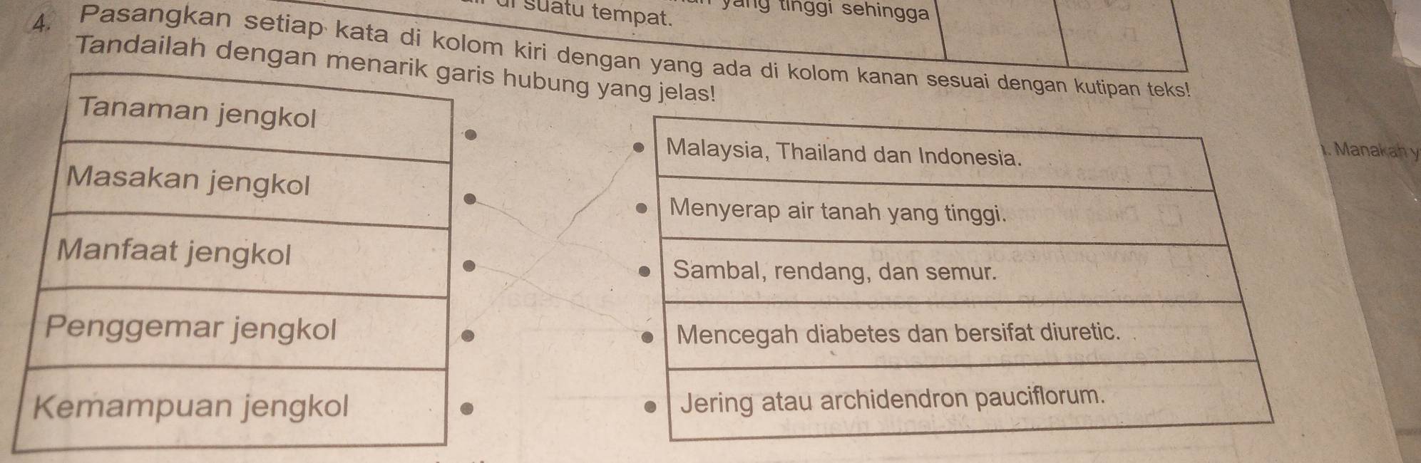 yang tinggi sehingga 
ul suatu tempat. 
4. Pasangkan setiap kata di kolom kiri dengan yang ada di kolom kanan sesuai dengan kutipan teks 
Tandailah deubung yang jelas! 
1. Manakahy