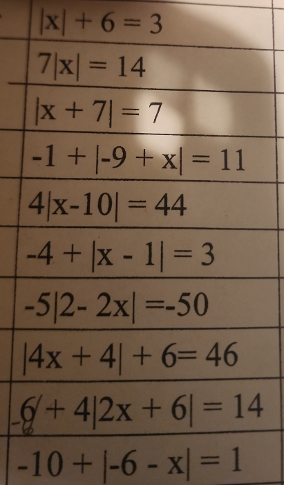 |x|+6=3
-10+|-6-x|=1