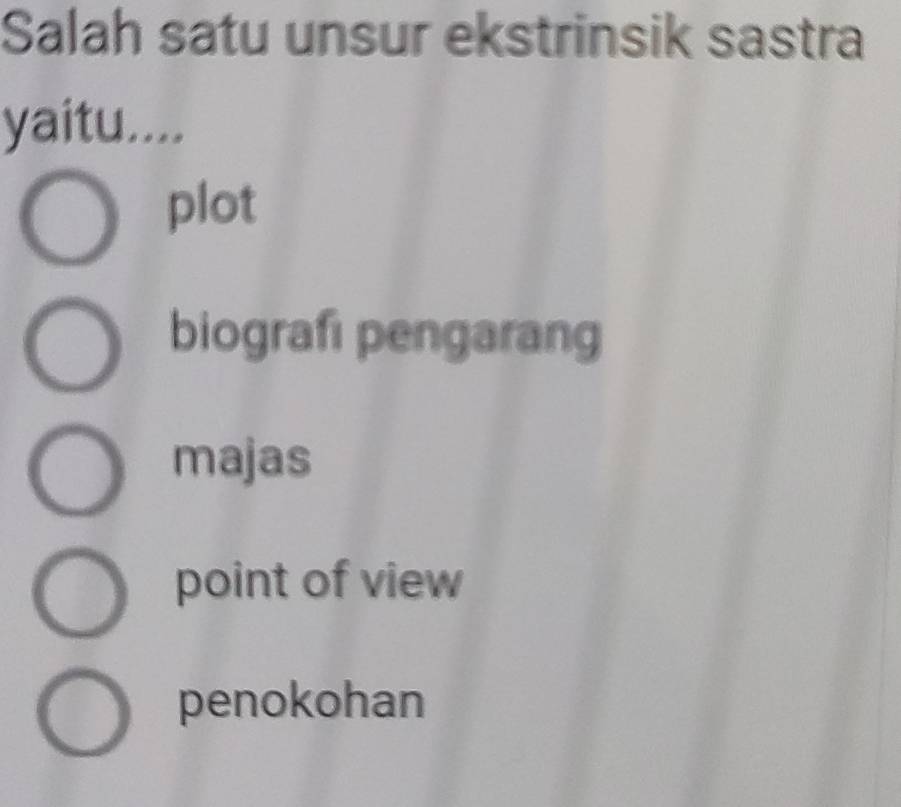 Salah satu unsur ekstrinsik sastra
yaitu....
plot
biografi pengarang
majas
point of view
penokohan