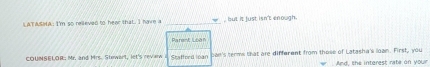 LATASMA: I'm so relieved to hear that. I have a _, but it just isn't enough. 
Pare-t Loan 
COUNSELOR: Mr. and Mrs. Stewart, let's review Stafferd loan ban's terms that are different from those of Latasha's loan. First, you 
And, she interest rate on your