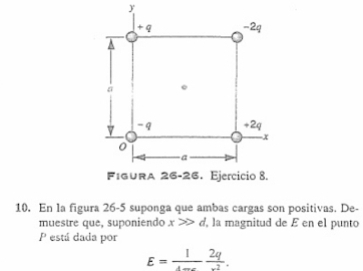 En la figura 26-5 suponga que ambas cargas son positivas. De-
muestre que, suponiendo x >> d, la magnitud de E en el punto
P está dada por
E= 1/4to c  2q/-2 .