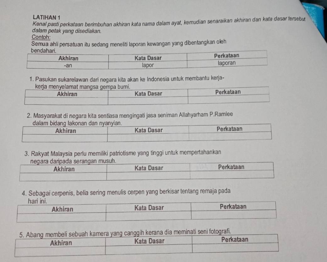 LATIHAN 1 
Kenal pasti perkataan berimbuhan akhiran kata nama dalam ayat, kemudian senaraikan akhiran dan kata dasar tersebut 
dalam petak yang disediakan. 
Contoh: 
Semua ahli persatuan itu sedang meneliti laporan kewangan yang dibentangkan oleh 
1. Pasukan sukarelawan dari negara kita akan ke Indonesia untuk membantu kerja- 
2. Masyarakat di negara kita sentiasa mengingati jasa seniman Allahyarham P.Ramlee 
3. Rakyat Malaysia perlu memiliki patriotisme yang tinggi untuk mempertahankan 
4. Sebagai cerpenis, belia sering menulis cerpen yang berkisar tentang remaja pada 
rafi.