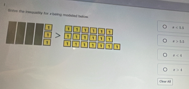 Sorve the inequality for x being modeled below.
x<5.5
x>5.5
x<4</tex>
x>4
Clear All