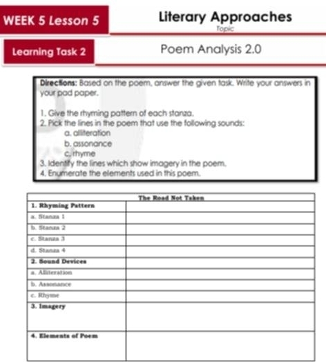 WEEK 5 Lesson 5 Literary Approaches 
Topic 
Learning Task 2 Poem Analysis 2.0 
Directions: Based on the poem, answer the given task. Write your answers in 
your pad paper. 
1. Give the rhyming pattern of each starza. 
2. Pick the lines in the poem that use the following sounds: 
a. alliteration 
b. assonance 
c. rhyme 
3. Identify the lines which show imagery in the poem. 
4. Enymerate the elements used in this poem.