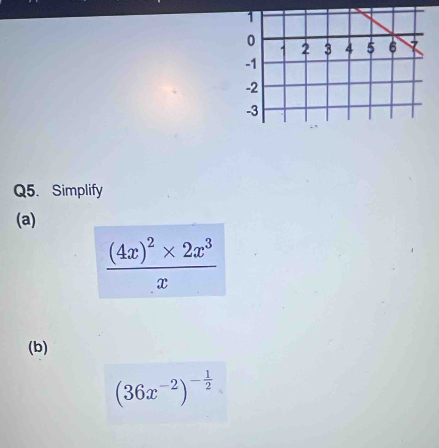 Simplify 
(a)
frac (4x)^2* 2x^3x
(b)
(36x^(-2))^- 1/2 