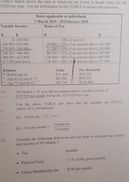 TABLE below shows the rates at which tax are levied in South Africa for the
/2020 tax year. Use the information in this TABLE to answer the questions.
Ta
R
1
2
3
4
6
R
.1.1 Mr Mudau J 65 year-old accountant earned a taxable income of
R20 920 per month during the 2019/2020 tax year.
Use the above TABLE and show that his monthly tax (PAYE)
(show ALL calculations):
(a) Yearly tax
(b) Tax per month = Annualtax/12months .1.2 Consider the following deductions and use them to calculate the monthly
nett income of Mr Mudau J:
Tax
: monthly
Pension Fund : 7,5 % of the gross income
Union Membership fee : R 90 per month