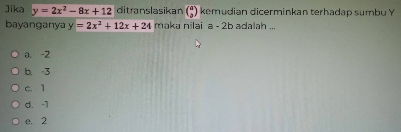 Jika y=2x^2-8x+12 ditranslasikan beginpmatrix a bendpmatrix kemudian dicerminkan terhadap sumbu Y
bayanganya y=2x^2+12x+24 maka nilai a - 2b adalah ...
a. -2
b. -3
c. 1
d. -1
e. 2